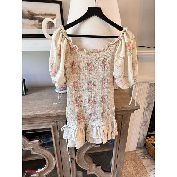 For Love Bell Puff Sleeve Smocked Floral Mini Dress Ruffles Size Medium - Picture 9 of 12